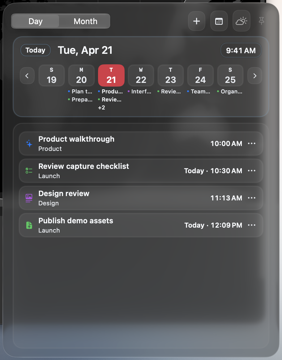 Day view with Calendar events and Reminders.