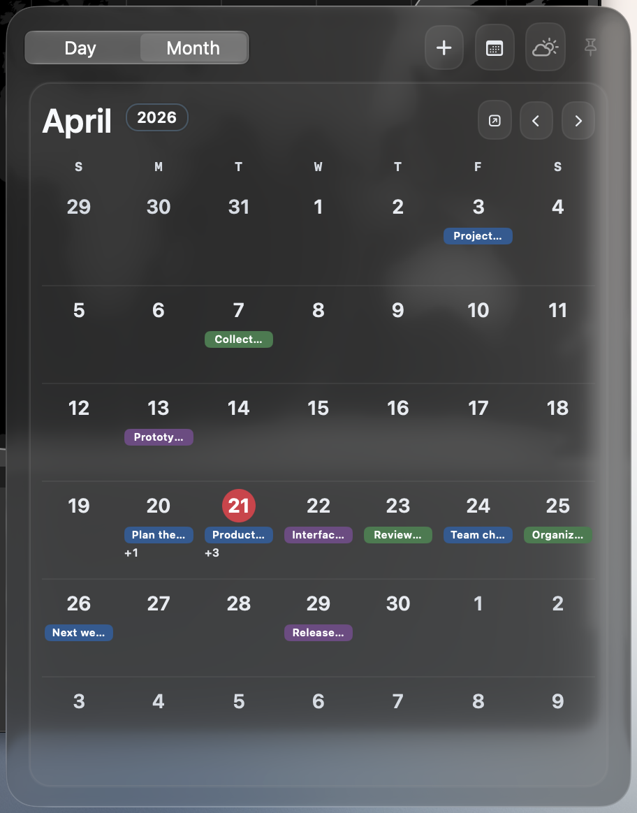 Month view with Calendar events and Reminders.