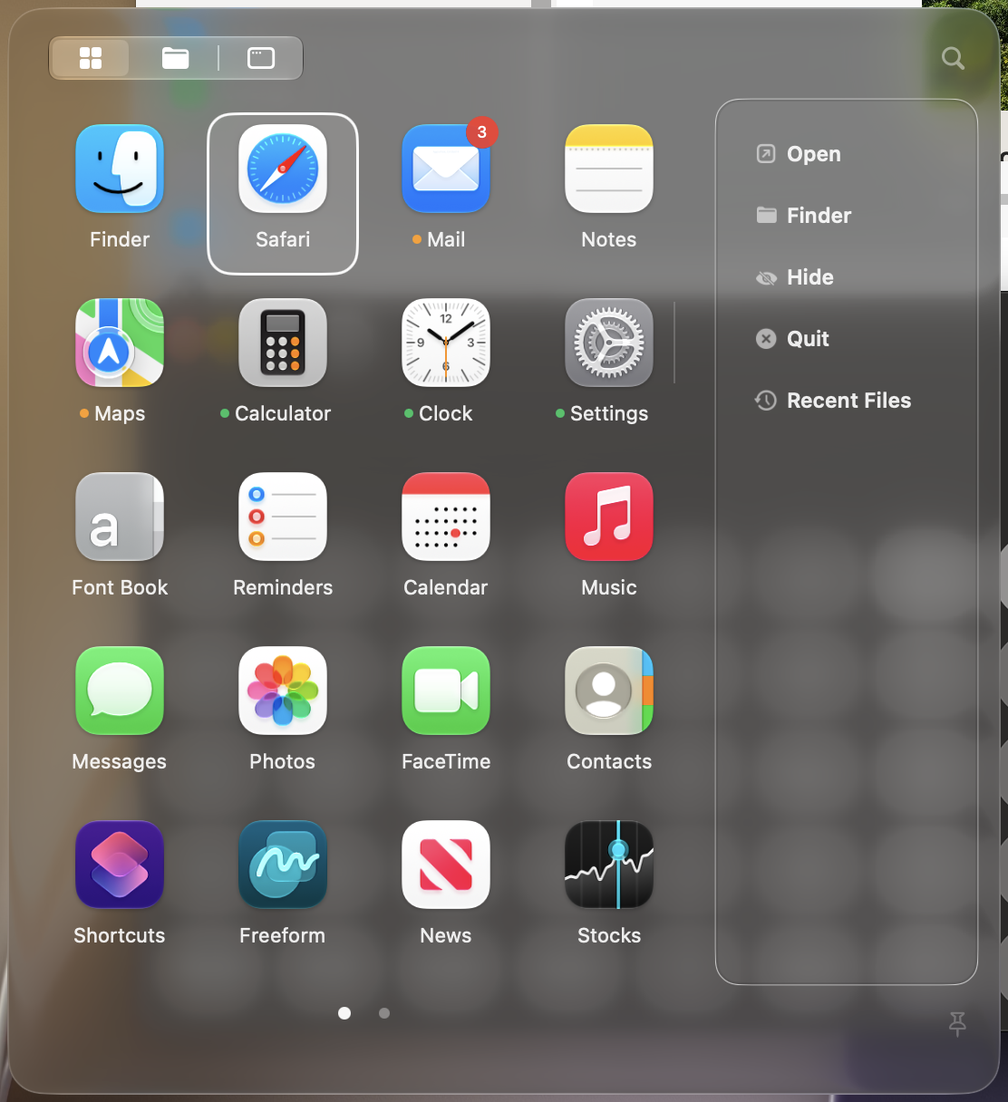 HandyBar Launcher in Bar mode with Safari selected and its app actions in the sidebar.