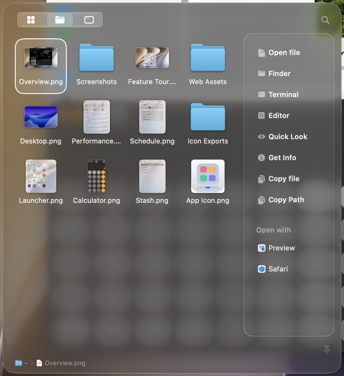 HandyBar Launcher in Bar mode with an example image selected and its file actions in the sidebar.
