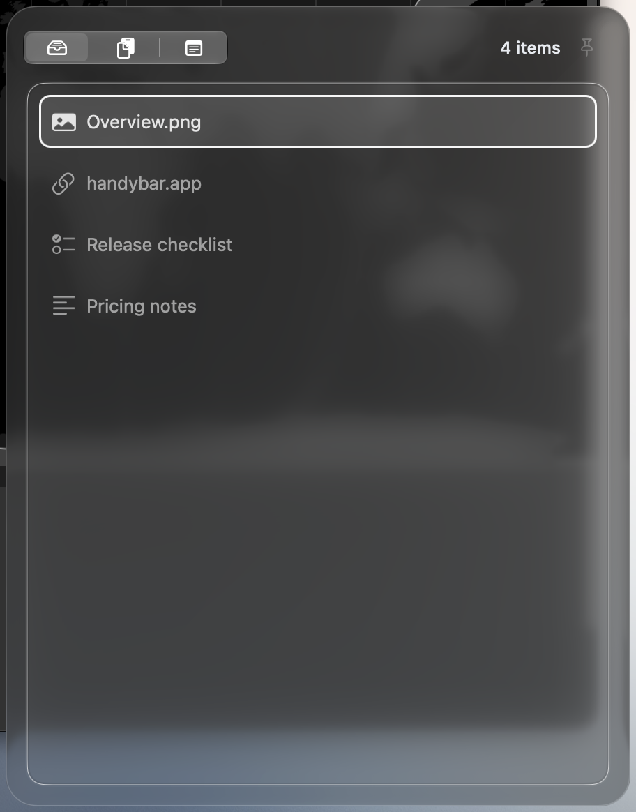 HandyBar Stash holding an image, link, checklist, and notes.