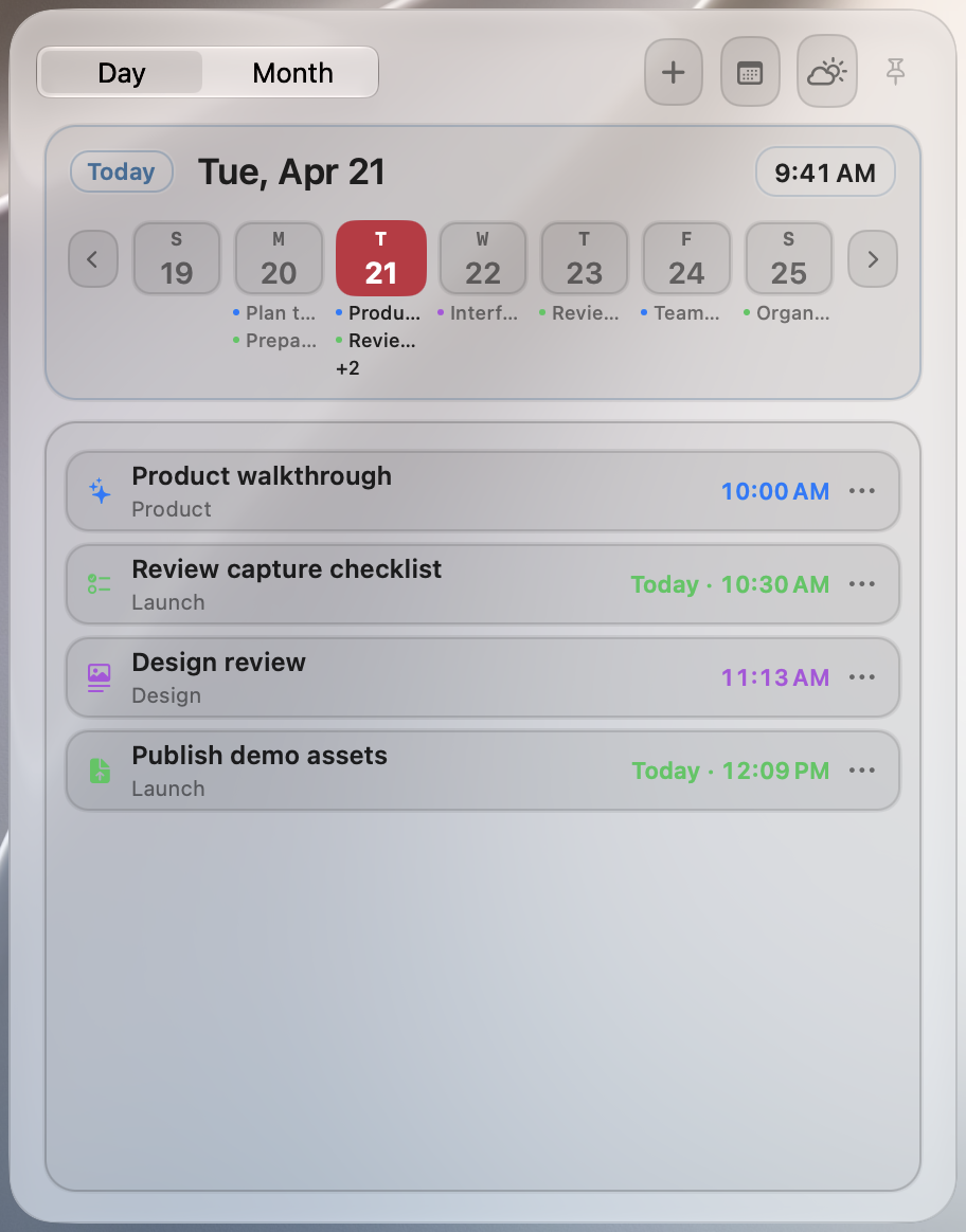 Day view with Calendar events and Reminders.