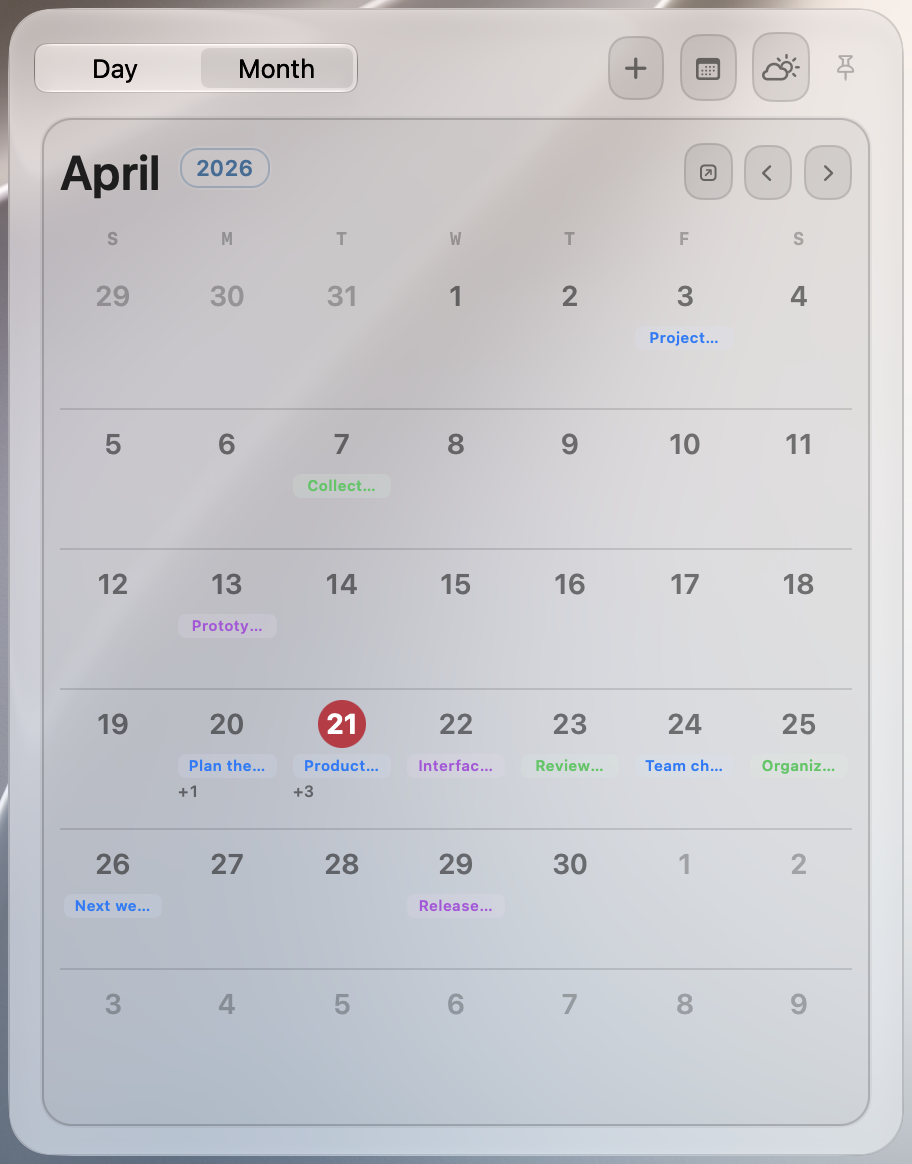 Month view with Calendar events and Reminders.