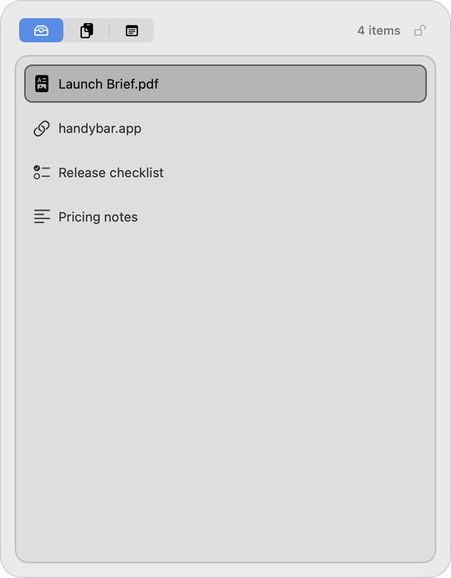 HandyBar stash detail screenshot.